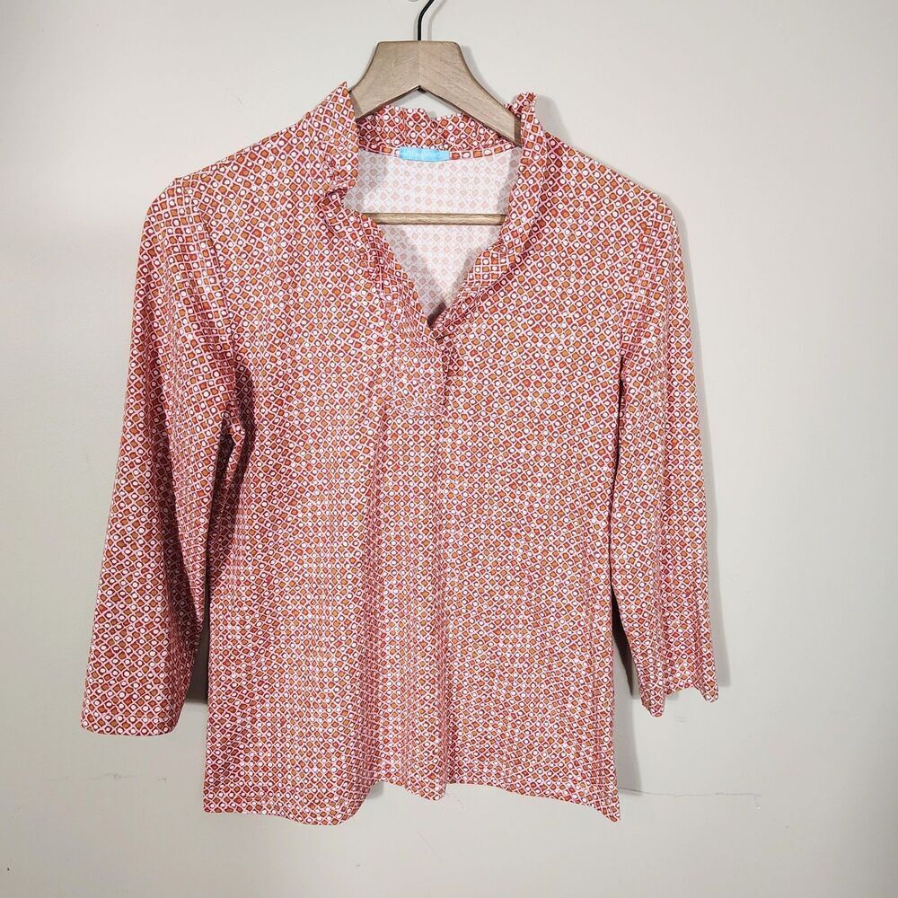 McLaughlin Catalina Cloth Top Womens L Ruffle Neck Preppy Coastal Classic